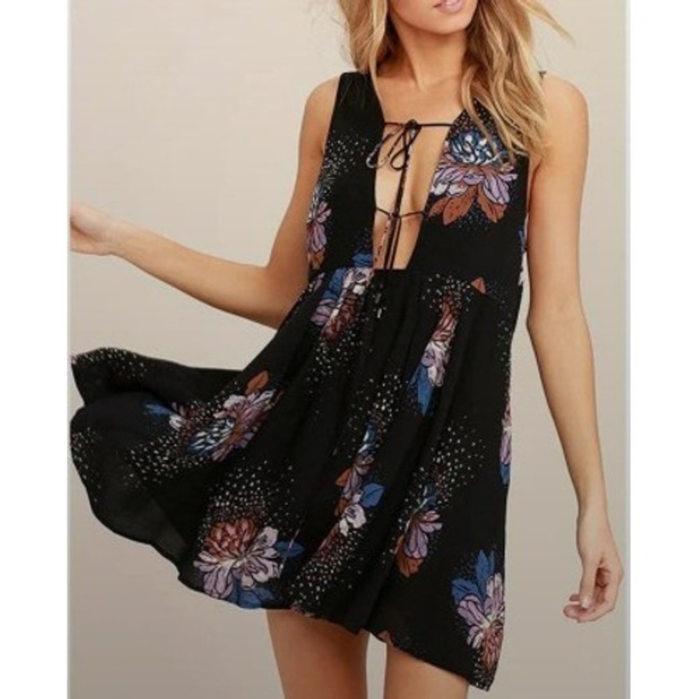 Free People Lovely Day Printed Tunic Dress Black Floral V-Neck Mini Large
